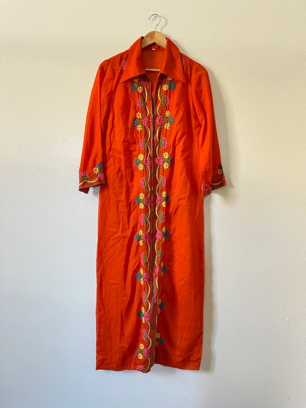 Vintage orange embroidered duster style maxi dress with collar and zip up detail